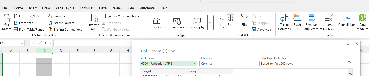 Reference screenshot for UTF-8 CSV import in Excel